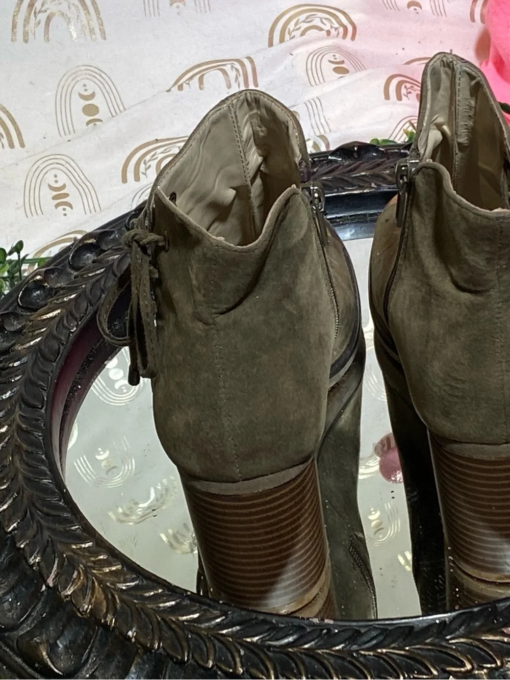 Maurices Olive Green Suede Peep-Toe Lace-Up Block Heel Booties